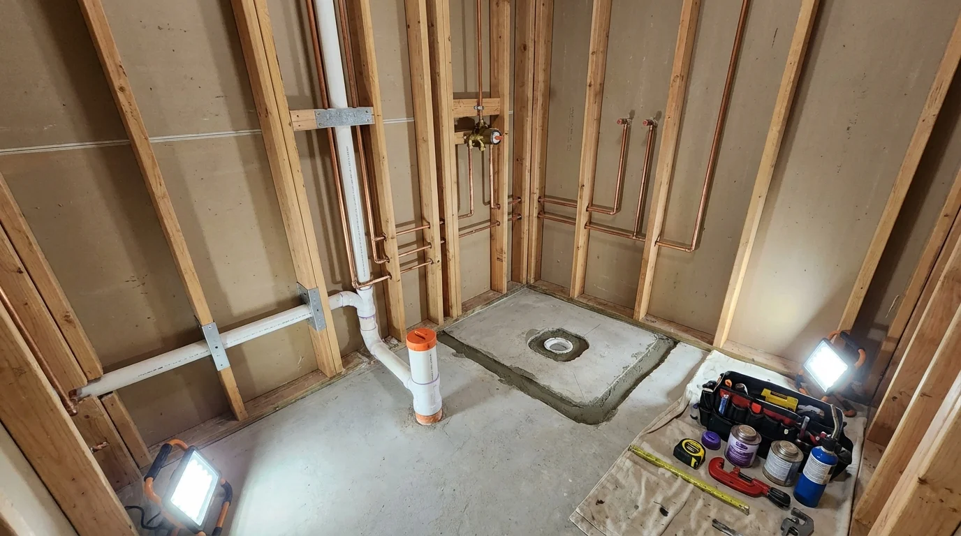 Bathroom rough-in plumbing during remodel by Johns Plumbing LLC in Sterlington