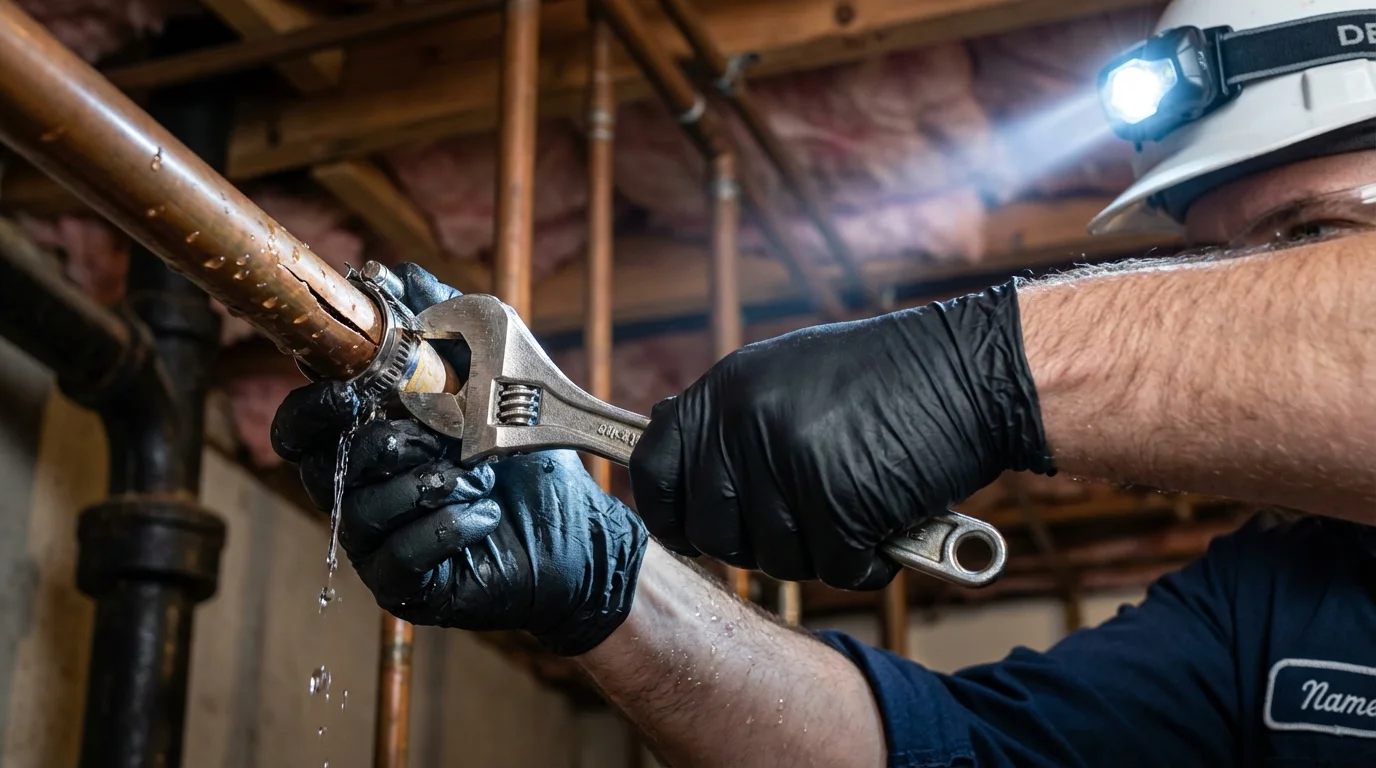 Emergency pipe clamp repair being performed by a Johns Plumbing LLC plumber in Sterlington