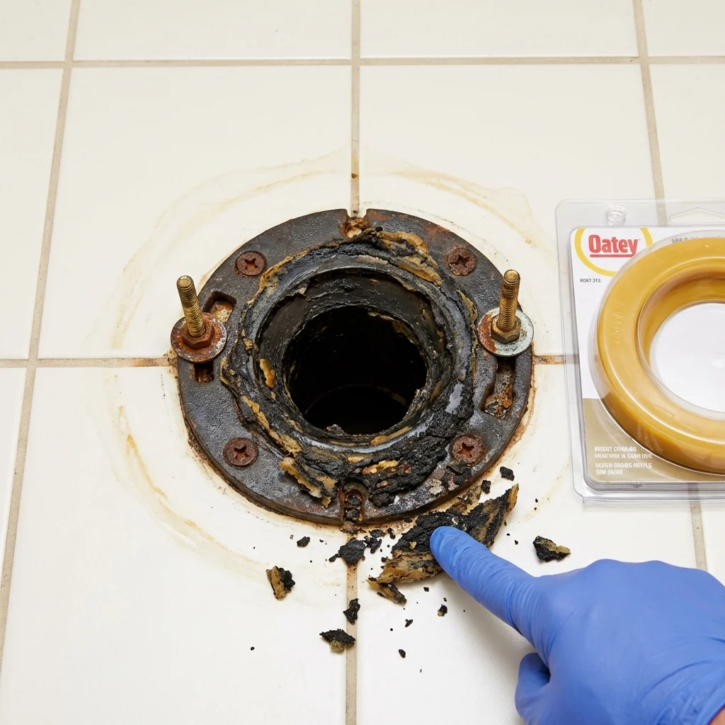 Failed wax ring showing water seepage at the base of a toilet in a Sterlington, LA home