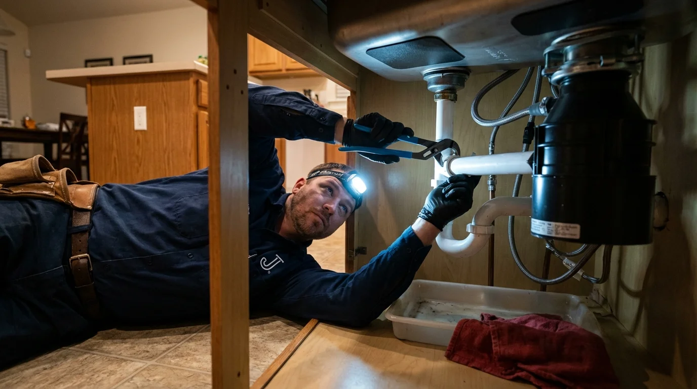 P-trap and supply line connections under a kitchen sink showing a common leak point in Sterlington, LA